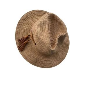 Olsenboye‎ Tan Straw Paper Fedora Hat With Leather Tassels